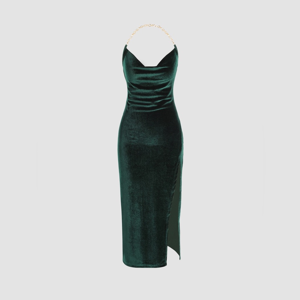 NWT XL Cider Chain Halter Velvet Cowl Neck Slit Dress